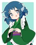  1girl :d bangs blue_eyes blue_hair border bright_pupils drill_locks eyebrows_visible_through_hair frilled_kimono frills green_background green_kimono head_fins ini_(inunabe00) japanese_clothes kimono long_sleeves looking_at_viewer open_mouth purple_sash sash short_hair simple_background smile solo touhou upper_body wakasagihime white_border white_pupils wide_sleeves 