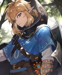  1boy bangs black_cape blonde_hair blue_eyes blue_tunic cape closed_mouth commentary hair_between_eyes highres hood hood_up hooded_cape leaf link looking_at_viewer male_focus monza_(saeumon) outdoors pointy_ears ponytail sheikah_slate shield short_ponytail sidelocks solo sparkle the_legend_of_zelda the_legend_of_zelda:_breath_of_the_wild tree tunic upper_body 