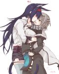  2girls animal_ears arknights bird_girl blaze_(arknights) blue_hair blush_stickers breasts cat_ears cat_girl cat_tail closed_eyes commentary_request eyebrows_visible_through_hair feathers grey_hair greythroat_(arknights) hairband heart highres hug karasuto long_hair multiple_girls red_hairband saliva saliva_swap saliva_trail sweatdrop tail tongue tongue_out yuri 