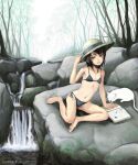  1girl barefoot bikini black_hair black_swimsuit cat hands_on_own_head hat loli original short_hair smile source_request spread_legs straw_hat stream swimsuit yoneda_taishou 