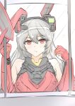  1girl absurdres bangs bare_shoulders blush charolic_(girls_frontline_2) female_pov girls_frontline_2:_exilium grey_hair highres long_hair mechanical_ears mirror muteppona_hito pov red_eyes solo very_long_hair 