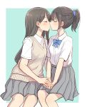  2girls absurdres betock black_hair blush bow bowtie closed_eyes eyebrows_visible_through_hair hand_on_another&#039;s_hand highres imminent_kiss long_hair miniskirt multiple_girls original ponytail profile school_uniform sitting skirt sweater_vest yuri 