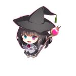  1girl :d absurdres bangs barefoot black_cape black_hair black_headwear black_skirt blue_eyes blush bow cape chibi collared_shirt dress_shirt eyebrows_visible_through_hair grey_shirt hat heterochromia highres holding holding_staff long_hair long_sleeves looking_at_viewer open_mouth original red_bow shirt simple_background skirt smile solo staff standing very_long_hair violet_eyes white_background wide_sleeves witch witch_hat yuuji_(yukimimi) 