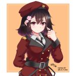  1girl beret black_hair commission doboru_(pixiv20862474) emblem female_commander_(girls_frontline) girls_frontline grifon_&amp;_kryuger hat military military_uniform multicolored_hair necktie purple_hair short_hair signature skeb_commission smile solo twitter_username two-tone_hair uniform violet_eyes 