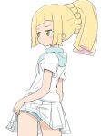  1girl absurdres blonde_hair blush braid closed_mouth clothes_lift cowboy_shot french_braid from_behind green_eyes high_ponytail highres lifted_by_self lillie_(pokemon) long_hair nagitaro panchira panties pleated_skirt pokemon pokemon_(game) pokemon_sm shirt short_sleeves simple_background skirt skirt_lift solo underwear white_background white_shirt white_skirt 