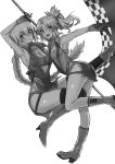  2girls akatsuki_ikki bangs black_legwear booth boots braid braided_ponytail eyebrows_behind_hair eyebrows_visible_through_hair fate/apocrypha fate/grand_order fate_(series) flag gloves greyscale hair_between_eyes highres holding holding_flag jeanne_d&#039;arc_(fate) jeanne_d&#039;arc_(fate)_(all) leg_belt long_hair looking_at_viewer monochrome mordred_(fate) mordred_(fate)_(all) multiple_girls open_mouth ponytail racequeen shorts simple_background smile thigh-highs white_background 