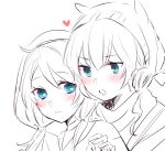  2girls arknights bangs blue_eyes blue_poison_(arknights) blush eyebrows_visible_through_hair glaucus_(arknights) heart height_difference hood hood_up hug hug_from_behind looking_at_another low_twintails monochrome multiple_girls naoi_retsu open_mouth spot_color twintails yuri 