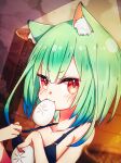  1girl animal_ears bamboo_steamer bangs baozi blue_hair blush bra cat_ears collarbone eyebrows_visible_through_hair food gradient_hair green_hair highres hololive koka12312 looking_at_viewer mouth_hold multicolored_hair red_eyes short_hair sidelocks solo underwear uruha_rushia virtual_youtuber 