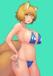  1girl absurdres animal_ears aqua_background bikini blonde_hair breasts chanta_(ayatakaoisii) cowboy_shot fox_ears fox_tail hand_on_hip highres large_breasts looking_at_viewer multiple_tails no_hat no_headwear open_mouth short_hair simple_background solo swimsuit tail touhou yakumo_ran yellow_eyes 