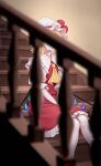  1girl ascot blonde_hair blurry chromatic_aberration covered_face crying crystal depth_of_field dress feet_out_of_frame flandre_scarlet hat highres mob_cap red_dress short_hair sitting solo stairs streaming_tears tears torinari_(dtvisu) touhou wings 