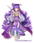  1girl commentary_request flower flower_knight_girl full_body green_eyes hair_ornament lavender_(flower_knight_girl) long_hair looking_at_viewer marriage_certificate_(object) nakaishow navel official_art purple_hair shoes short_sword smile solo sword thigh-highs weapon 