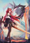  1girl absurdres arknights bare_shoulders black_dress collar demon_girl demon_horns dress highres holding holding_weapon horns huge_filesize jacket long_hair looking_at_viewer redhead ryu.o surtr_(arknights) sword violet_eyes weapon 