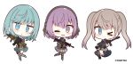  &gt;_o 3girls :&lt; ;) ;d anti-materiel_rifle assault_rifle bangs barrett_m82 black_gloves black_legwear black_skirt blazer blue_eyes blue_legwear blush boots brown_footwear brown_gloves brown_hair brown_jacket character_request chibi closed_mouth ear_protection eyebrows_visible_through_hair gloves green_hair grey_footwear grey_skirt gun hair_between_eyes headset holding holding_gun holding_weapon jacket knee_pads kneehighs little_armory m4_carbine multiple_girls muuran official_art one_eye_closed open_mouth parted_lips plaid plaid_skirt pleated_skirt purple_hair purple_jacket rifle simple_background skirt smile sniper_rifle triangle_mouth twintails twitter_username violet_eyes weapon weapon_request white_background 