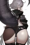 1girl 360_(taiyo360) ahoge arknights black_legwear black_panties brown_eyes character_name cowboy_shot crocodilian_tail facing_away from_behind grey_hair highres hood hood_down leaning_forward looking_at_viewer looking_back panties pointy_ears short_hair simple_background solo tail tail_raised thigh-highs thighs tomimi_(arknights) underwear white_background