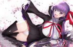  1girl akatsuki_ikki bangs bb_(fate) bb_(fate)_(all) booth breasts eyebrows_behind_hair eyebrows_visible_through_hair fate/extra fate/grand_order fate_(series) hair_ribbon highres long_hair looking_at_viewer lying open_mouth petals purple_hair reflection ribbon skirt smile solo underwear violet_eyes water_surface 
