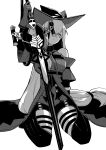  1girl absurdres arknights bangs bare_shoulders breasts clothing_cutout feet_out_of_frame gloves greyscale hair_between_eyes hat highres holding holding_sword holding_weapon large_breasts long_hair monochrome simple_background sitting skadi_(arknights) solo sword thighs toxin000x very_long_hair weapon 