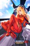  1girl bangs blonde_hair blue_eyes bodysuit breasts chair commission hand_on_own_leg headgear highres knee_up large_breasts lenadai_art looking_at_viewer neon_genesis_evangelion red_bodysuit red_lips shiny shiny_clothes sitting skindentation spread_legs thick_lips 