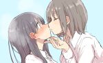  2girls absurdres betock black_hair blue_background blush brown_hair closed_eyes closed_mouth collared_shirt commentary dutch_angle ear_blush eyebrows_visible_through_hair hand_on_another&#039;s_chin highres imminent_kiss long_hair looking_at_another medium_hair multiple_girls original shirt simple_background steam upper_body white_shirt yuri 