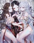  3girls absurdres bangs bare_shoulders black_hair blue_eyes breasts brown_hair character_request chinese_commentary commentary_request copyright_request feet_out_of_frame forehead fur_trim highres horns long_hair looking_at_another medium_breasts multiple_girls off_shoulder one_eye_closed red_eyes sheya silver_hair single_horn thighs 