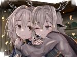  2girls absurdres alina_(arknights) animal_ears arknights blue_eyes braid brown_eyes deer_antlers deer_ears deer_girl dragon_horns eyebrows_visible_through_hair grey_hair grey_shirt hair_between_eyes hair_intakes highres horns hug hug_from_behind huge_filesize indoors light_blush long_hair multiple_girls one_eye_closed portrait riu_kawano shelf shirt smile talulah_(arknights) yuri 