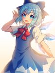  1girl :d absurdres bangs blue_bow blue_dress blue_eyes blue_hair blush bow brown_background caramell0501 cirno collared_shirt detached_wings dress eyebrows_visible_through_hair gradient gradient_background hair_bow hand_up highres ice ice_wings looking_at_viewer open_mouth red_bow shirt short_sleeves sleeveless sleeveless_dress smile solo touhou white_background white_shirt wings 