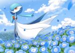  alternate_color blue_flower blurry closed_mouth clouds colored_skin commentary_request day enishi_(menkura-rin10) field flower flower_field gardevoir gen_3_pokemon hand_on_own_chest highres orange_eyes outdoors outstretched_arm petals pokemon shiny_pokemon sky smile standing white_skin 