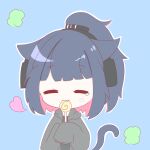  1girl :3 =_= animal_ears arknights black_jacket black_shirt blue_background blue_hair candy cat_ears cat_girl cat_tail chibi closed_eyes colored_inner_hair commentary eating eyebrows_visible_through_hair food happy headset implied_extra_ears jacket jessica_(arknights) lollipop long_hair mizutsune_suki multicolored_hair open_clothes open_jacket outline pink_hair ponytail shirt simple_background solo tail tears two-tone_hair upper_body white_outline 