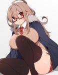  1girl ahoge bangs blue_coat blush breasts brown_legwear character_request coat dot_mouth eyebrows_visible_through_hair feet_out_of_frame fur_trim glasses hair_between_eyes hair_intakes highres light_brown_hair long_hair mofuaki necktie no_nose open_clothes open_coat red_eyes red_neckwear ribbed_sweater semi-rimless_eyewear shadow shirt sidelocks sitting solo sweater thick_thighs thigh-highs thighs under-rim_eyewear v-neck white_background white_shirt wing_collar 