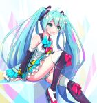  1girl blue_hair hatsune_miku kneehighs magical_mirai magical_mirai_(vocaloid) sitting skirt twintails 