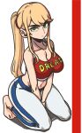  1girl bangs blonde_hair blue_eyes blush breasts crop_top highres long_hair looking_at_viewer masgamjya metroid metroid_dread mole mole_under_mouth pants ponytail samus_aran shoes simple_background sneakers solo sports_bra tank_top tight tight_pants yoga_pants 