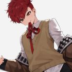  1boy absurdres bangs blush brown_eyes brown_jacket buried_stars grey_background hair_between_eyes highres jacket long_sleeves male_focus monza_(saeumon) mouth_hold neck_ribbon open_clothes open_jacket red_neckwear redhead ribbon seo_hyesung shirt simple_background solo sweater_vest undercut upper_body white_shirt 