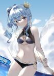  1girl bangs bikini blue_eyes blue_hair blue_nails breasts clouds cloudy_sky crown day earrings eyebrows_visible_through_hair fingernails groin hair_between_eyes hair_ornament hair_ribbon hololive hoshimachi_suisei jewelry long_hair looking_at_viewer lunacats mini_crown navel ocean outdoors ribbon side_ponytail sky small_breasts solo star-shaped_pupils star_(symbol) swimsuit symbol-shaped_pupils thighs virtual_youtuber water 