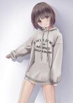  1girl brown_eyes brown_hair chikuwa_(odennabe) grey_background grey_hoodie hood hoodie original short_hair smile white_background white_hoodie 