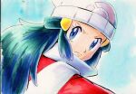  1girl beanie blue_eyes blue_hair closed_mouth coat commentary_request hikari_(pokemon) eyelashes frown green_hair hair_ornament hairclip hat iwane_masaaki long_hair looking_back multicolored_hair pokemon pokemon_(game) pokemon_dppt pokemon_platinum red_coat scarf sketch solo upper_body white_headwear white_scarf winter_clothes 