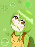  1girl alternate_color biting blush_stickers brown_eyes dress flower green_background green_dress green_hair hair_in_mouth highres leaf looking_at_viewer okami_ryoushi original poke_ball_symbol pokemon self_upload solo upper_body yellow_dress 
