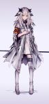  1girl absurdres arknights armband artist_request boots character_name chinese_commentary coat commentary dress full_body highres long_hair looking_at_viewer owl_ears ptilopsis_(arknights) rhine_lab_logo solo thigh-highs thigh_boots white_coat white_dress white_footwear white_hair yellow_eyes 