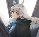 1girl animal_ear_fluff animal_ears arknights black_gloves black_jacket book cat_ears clothes_writing fingerless_gloves floating_hair gloves green_eyes grey_hair highres holding holding_book jacket long_hair looking_at_viewer looking_back mabing rosmontis_(arknights) solo upper_body white_background 