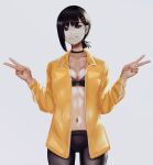  1girl absurdres alternate_costume black_eyes black_pants breasts chainsaw_man cropped_legs double_v higashiyama_kobeni highres looking_at_viewer medium_breasts navel open_clothes open_shirt pants ponytail pose shirt v yellow_shirt yoga_pants zaki_(zaki_btw) 