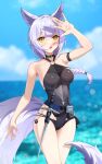  1girl animal_ears arknights arm_strap arm_up bangs bare_arms bare_shoulders black_swimsuit blue_sky blush braid breasts casual_one-piece_swimsuit clouds collar cowboy_shot day ett eyebrows_visible_through_hair horizon large_tail long_hair looking_at_viewer medium_breasts ocean one-piece_swimsuit open_mouth provence_(arknights) shading_eyes single_braid sky solo swimsuit tail walkie-talkie wolf_ears wolf_girl wolf_tail yellow_eyes 