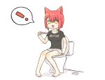  ! 1girl animal_ears bare_legs breasts cat_ears greenteaneko highres open_mouth original pregnancy_test redhead shirt short_shorts shorts sitting smile solo spoken_exclamation_mark t-shirt toilet yellow_eyes 