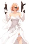  1girl anna_(anta_baka00) bangs bare_shoulders bouquet breasts bridal_veil bride brown_eyes brown_hair dress elbow_gloves eyepatch eyes_visible_through_hair flower garter_straps gloves gun hair_ornament highres holding jewelry jujutsu_kaisen kugisaki_nobara looking_at_viewer short_hair solo thigh-highs veil weapon wedding_dress white_dress 