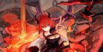  1girl absurdres arknights bare_shoulders black_dress collar demon_girl demon_horns dress gyoukan_(jfxc) highres holding holding_weapon horns jacket long_hair looking_at_viewer redhead surtr_(arknights) violet_eyes weapon 