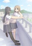  2girls absurdres betock black_hair blonde_hair blush bob_cut hand_in_hair highres leaning_on_rail long_hair looking_at_another multiple_girls original outdoors pantyhose railing rooftop school_uniform short_hair sweater_vest 