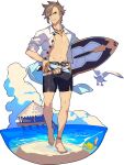  1boy anchor_symbol ankleband artist_request bangs barefoot beach belt bird blue_eyes blue_ribbon bracelet brown_hair closed_mouth clouds clownfish collarbone day fish full_body groin hand_on_hip happy highres holding holding_surfboard jewelry lazaret_(world_flipper) leg_up looking_at_viewer male_focus male_swimwear navel necklace non-web_source ocean official_art open_clothes open_shirt outdoors ribbon sand seagull shiny shiny_hair shirt short_hair short_sleeves sidelocks sleeves_rolled_up smile solo standing standing_on_one_leg stilt_house stomach surfboard swim_trunks toned toned_male transparent_background v-shaped_eyebrows walking water white_shirt world_flipper 