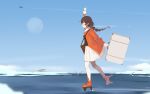  1girl animal_on_head bag bangs blush braid breasts briefcase brown_hair bunny_on_head crossover day from_side holding ice jacket kantai_collection long_hair long_sleeves miffy miffy_(character) on_head orange_footwear orange_jacket outdoors pantyhose pleated_skirt profile rabbit rudder_footwear shin_(new) shoulder_bag sidelocks single_braid skirt sky small_breasts souya_(kancolle) water white_legwear white_skirt 