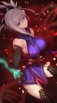  1girl akatsuki_ikki bangs belt black_legwear blue_eyes breasts dual_wielding elbow_gloves eyebrows_behind_hair fate/grand_order fate_(series) fingerless_gloves gloves hair_between_eyes hairband highres holding holding_sword holding_weapon japanese_clothes katana kimono large_breasts long_hair looking_at_viewer miyamoto_musashi_(fate) open_mouth pink_hair ponytail solo sword thigh-highs weapon 