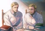  2boys beard blonde_hair blue_eyes book chair erwin&#039;s_father erwin_smith facial_hair father&#039;s_day father_and_son glasses highres male_focus multiple_boys poroi_(poro586) shingeki_no_kyojin smile table 