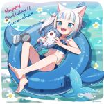  1girl animal_ears bangs bloop_(gawr_gura) blue_eyes blue_hair cat_ears fish_tail gawr_gura hair_ornament highres hololive hololive_english innertube looking_at_viewer multicolored_hair open_mouth shark_tail sharp_teeth silver_hair smile solo streaked_hair tail teeth uchako virtual_youtuber 