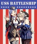  2girls ahoge american_flag american_flag_background asymmetrical_legwear bangs black_legwear black_neckwear blue_eyes blue_hair blue_neckwear blue_skirt blush breasts closed_mouth crossed_arms detached_sleeves flag_background grey_hair hand_on_another&#039;s_head headgear highres jacket kantai_collection large_breasts long_hair long_sleeves multicolored_hair multiple_girls nan_(nanyayyay) necktie one_eye_closed open_mouth pantyhose pleated_skirt redhead shirt single_leg_pantyhose single_thighhigh skirt south_dakota_(kancolle) star_(symbol) sweat thigh-highs washington_(kancolle) white_hair 