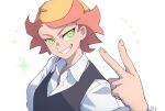  amanda_o&#039;neill arikindows10 black_vest collared_shirt green_eyes little_witch_academia long_sleeves orange_hair shirt short_hair simple_background smile teeth thick_eyebrows tomboy v vest white_background white_shirt 